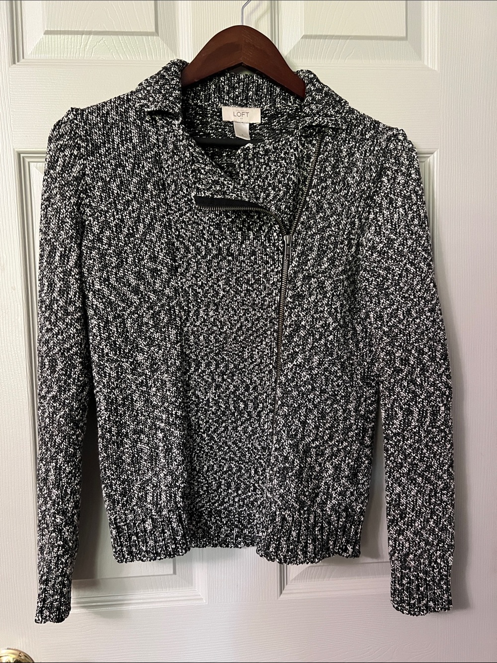 LOFT Black & White Marled Asymmetrical Zip Cardigan